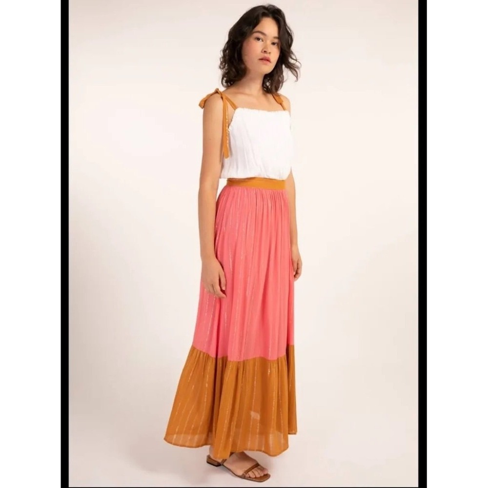FRNCH Paris Colorblock Maxi Dress Coastal Cottagecore Pink White Small Metallic